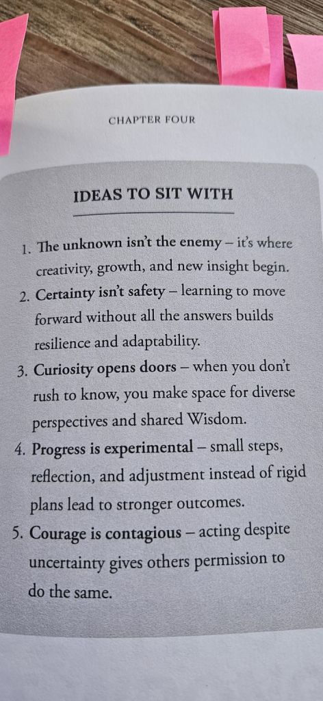 A page from a book featuring chapter four titled 'Ideas to Sit With', listing five key ideas about creativity, growth, and courage.
