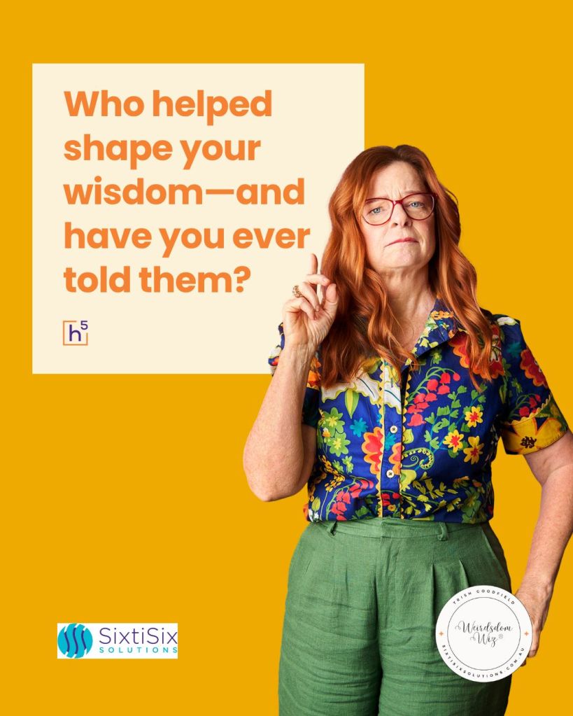 A woman with red hair wearing a colorful floral shirt and green pants, looking thoughtful while raising her finger. The background is a bright yellow with text asking about the people who influenced wisdom.