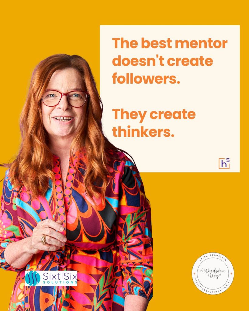 A woman with long red hair wearing a colorful patterned dress, smiling. The background is orange with a quote stating, 'The best mentor doesn't create followers. They create thinkers.'